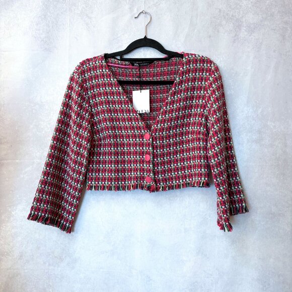 Zara Women's Plaid Textured Cropped Jacket Short Fringe Pink Multi Size M - Picture 1 of 11
